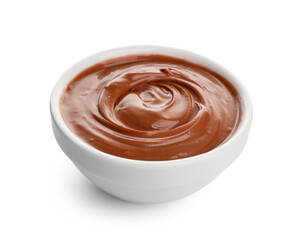 Bowl of delicious melted chocolate on white background