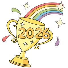 Golden trophy with rainbow and stars year celebration