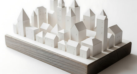 Naklejka premium Minimalist Paper Cityscape Model on Wooden Base