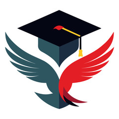 Graduation cap morphing into a bird with red and blue wings academic achievement