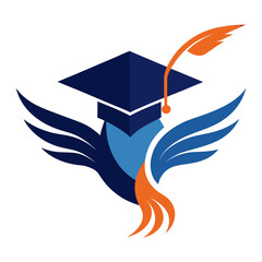 Graduation cap morphing into bird wings and feather blue orange © RABBY