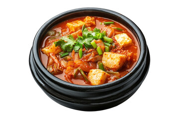 Spicy Korean kimchi jjigae with tofu, mushrooms, and green onions served in black bowl isolated on white transparent background, traditional Asian cuisine concept