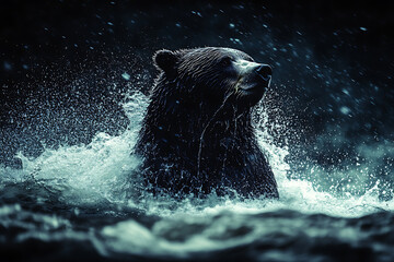 Naklejka premium Powerful grizzly bear swimming through turbulent water searching for salmon in alaska wilderness environment