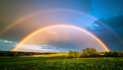 Fototapeta premium A vibrant double rainbow arcs over a lush green landscape under a dramatic sky.