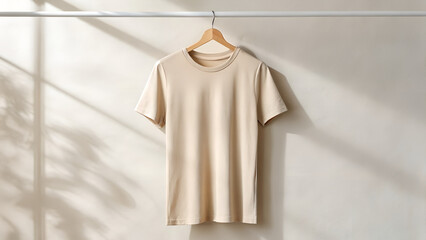 Neutral beige female t-shirt mockup, hanging, no background, isolated with soft shadows.
