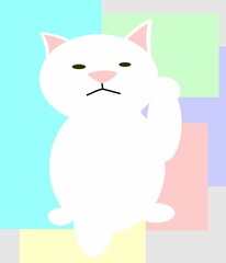 a picture of a white cat saying hello on a colorful paper background