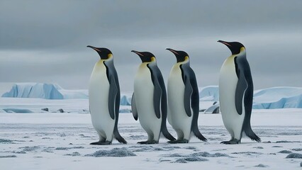 Fototapeta premium Four penguins stand in a line on snowy terrain, with icebergs and a cloudy sky in the background.