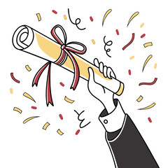 Hand holding diploma scroll with confetti celebration vector