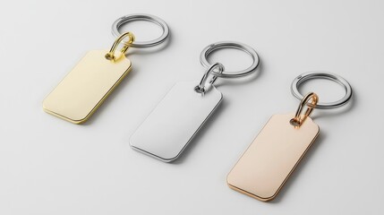 Three metallic keychains; gold, silver, rose gold, on white background.