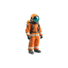 Astronaut with orange suit on transparent background standing in studio shot
