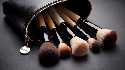 Luxurious Makeup Brushes Arranged In A Stylish Black Leather Cosmetic Bag With Gold Zipper On A Dark Background