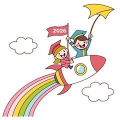 Cheerful graduates ride rocket with rainbow trail and umbrella graduation children