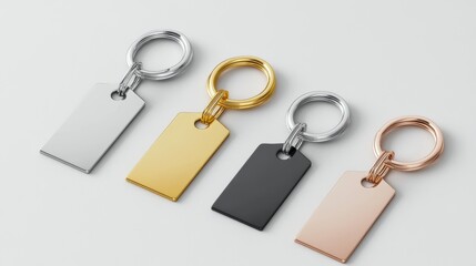 Four metallic keychains with blank rectangular tags in silver, gold, black, and rose gold, arranged on a white background.
