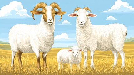 Three sheep in a golden field