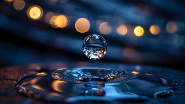 A macro photo of a hovering water droplet above a glossy surface, reflecting a flawless mirror image with vivid clarity