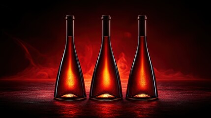 Three wine bottles, glowing red, against a fiery background
