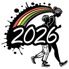 Running figures with rainbow and year 2026 vector