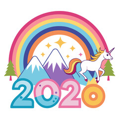 Unicorn jumping over mountains with rainbow and stars vector