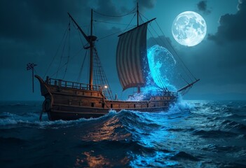 Moon Night Sailing Art Scene
