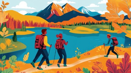 Obraz premium Three hikers enjoy a scenic autumnal landscape by a lake.