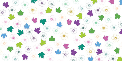 Seamless pastel pattern of hand-drawn flowers and maple leaves in various colors. Keywords: seamless, floral, pastel, pattern, leaf.