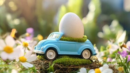 Tiny blue car carrying a large egg in a grassy meadow