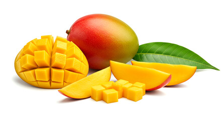 Fresh Mango Still Life Whole Fruit, Slices, Cubes