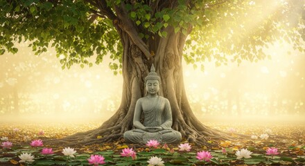 A golden yellow gradient to soft ivory with a meditating Buddha statue under a Bodhi tree.