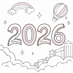 Pastel colored numbers floating above dreamy clouds and city buildings 2026 year
