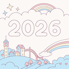Pastel colored year celebration above dreamy landscape with rainbows and stars vector