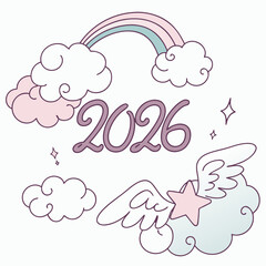 Pastel pink blue clouds rainbow star angel wings vector