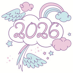 Pastel pink and blue clouds with angel wings and rainbow vector