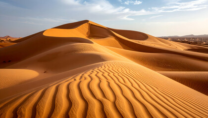 Serene desert landscape with undulating sand dunes under a clear sky.