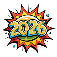 Bold yellow blue and red comic explosion with year comic book pop art