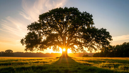 A majestic tree silhouetted against a sunset, casting a long shadow on grass.