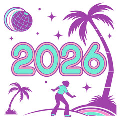 Naklejka premium Retro vaporwave style year with palm trees and globe vector