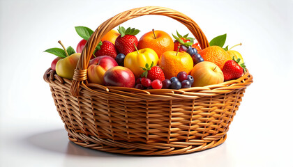 A woven basket filled with a variety of colorful fruits.