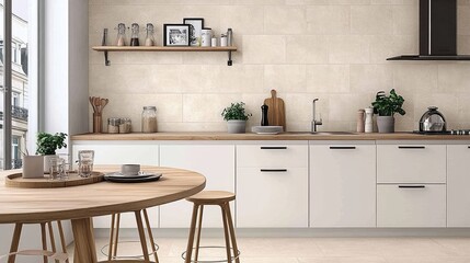Fototapeta premium Light beige kitchen with wooden accents and a modern feel.