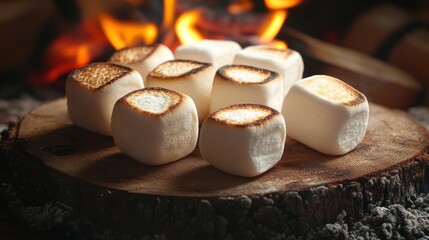 Toasted marshmallows on a log stump, with a fireplace in the background