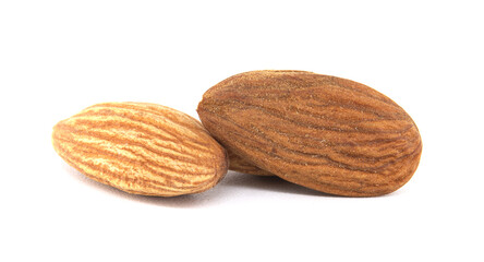 A close-up image features three almonds on a clean white background, emphasizing their texture.
