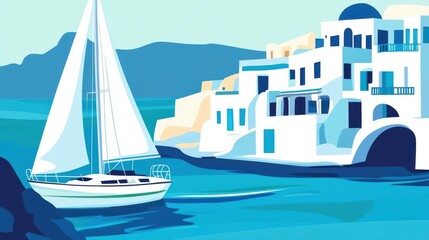 Sailing yacht near a picturesque seaside town.