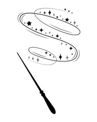 Magic wand with swirling sparkle trail. Vector illustration of a fairy tale wand casting spell with stars and glitter. Black silhouette icon for fantasy, magic, or Halloween design themes.