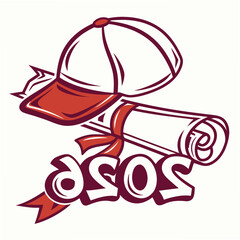 Baseball cap and scroll with bold lettering graduation ribbon