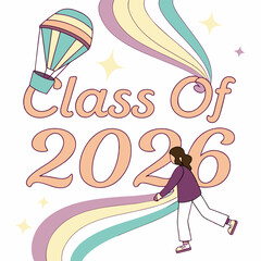 Celebratory graduation year with colorful arcs and hot air balloon class of celebration
