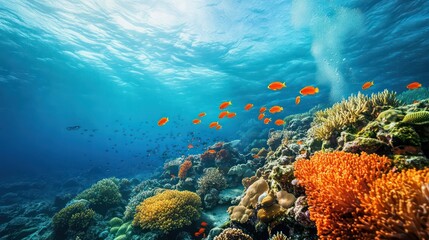 Underwater Scene of Vibrant Coral Reef and Orange Fish Swimming Upward