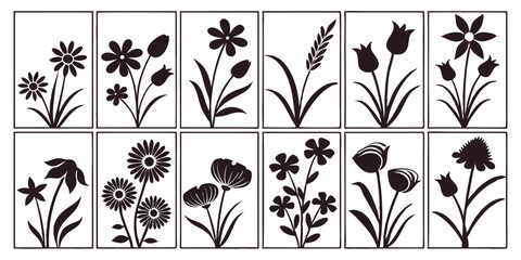 Collection of elegant minimalist black and white floral silhouettes on transparent background