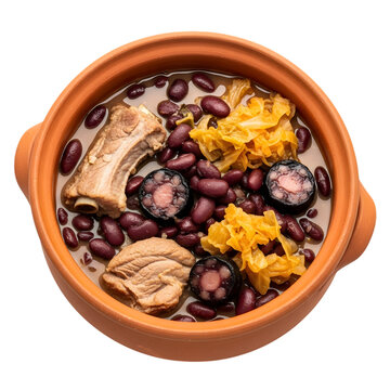 A Hearty Pot of Portuguese Feijoada a Rich Bean Stew with Assorted Meats and Cabbage on isolated transparent background