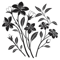 Elegant black and white floral illustration of blooming flowers and leaves arrangement