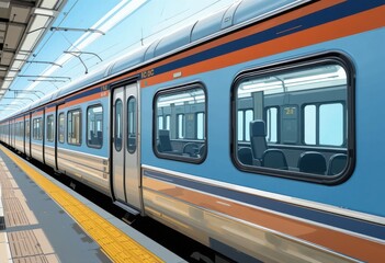 Fototapeta premium Urban Transit: A modern train gleams under a radiant sky, poised at a station platform, embodying the essence of streamlined urban transportation and connectivity.