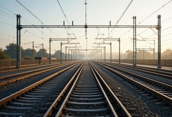 Railway Tracks Perspective: An evocative image capturing the expansive symmetry of railway tracks, vanishing into a misty horizon, evoking a sense of endless journey and industrial efficiency.